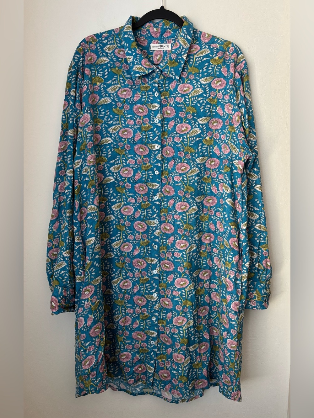 Natural Life Georgia Floral Shirt Dress Size XL Blue Pink Boho Button Front Chic